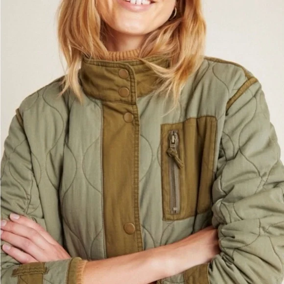 Anthropologie Olive Quilted Long Puffer Coat with Contrast Trim - Picture 4 of 8